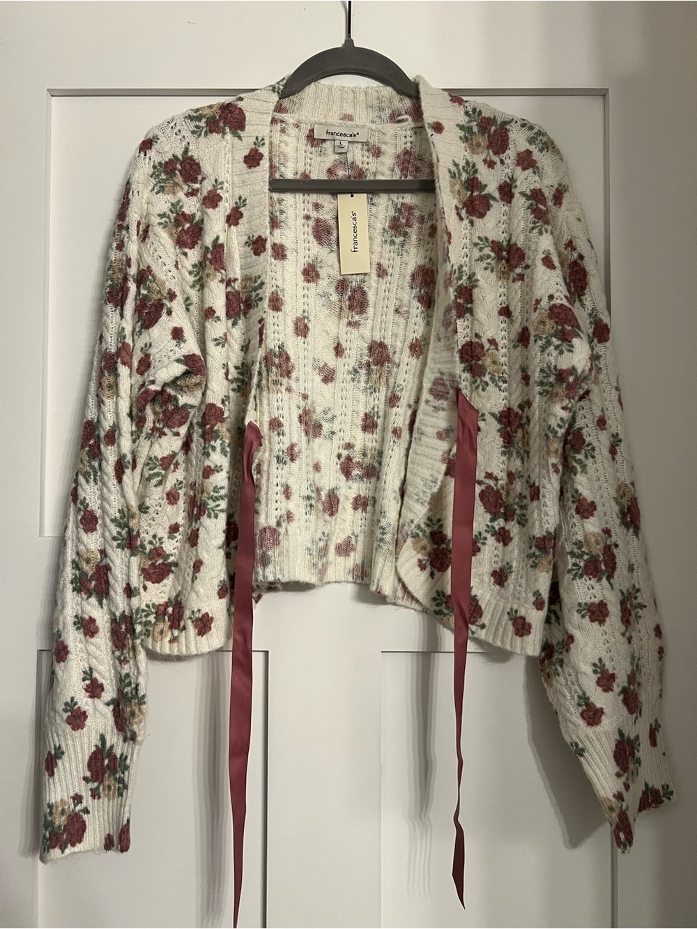 Francesca's Collections Cream Rose-Print Open Cardigan with Ribbon Ties